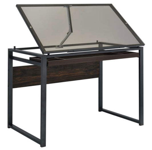 Pantano Glass Top Drafting Desk Dark Gunmetal and Chestnut 805571