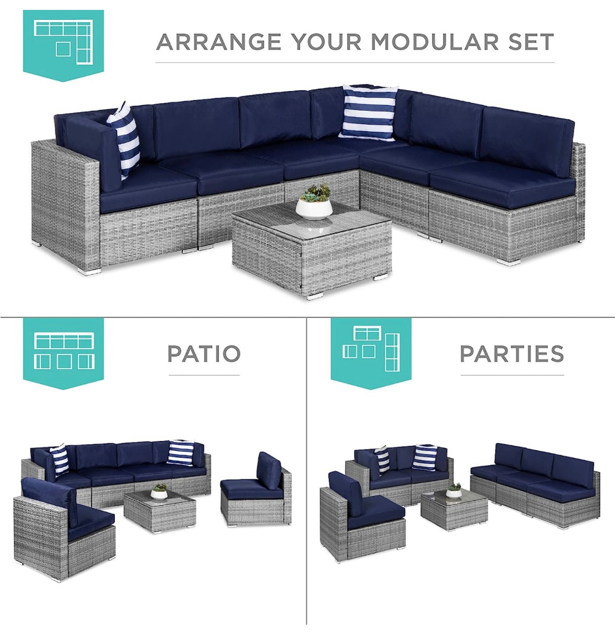 7 PCS Gray/Navy Blue Patio Sectional Sofa With Coffee Table