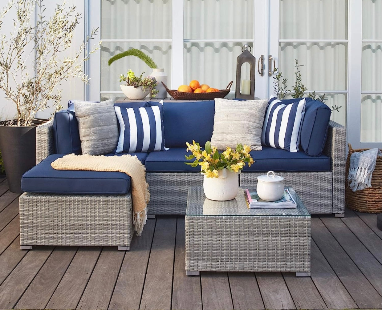 5 PCS Gray/Blue Patio Sectional Sofa With Coffee Table