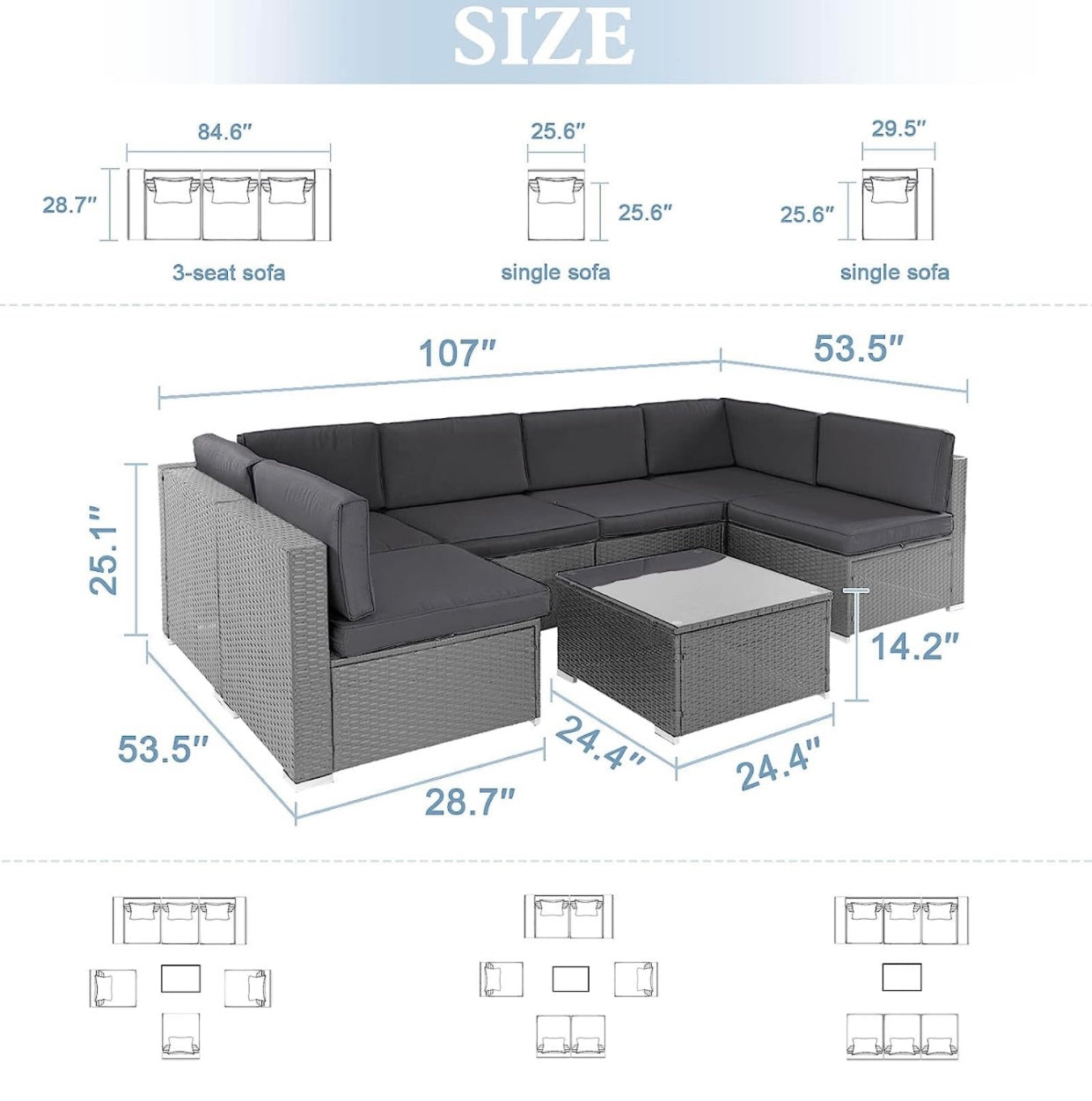 7 PCS Gray/Gray Patio Sectional Sofa With Coffee Table