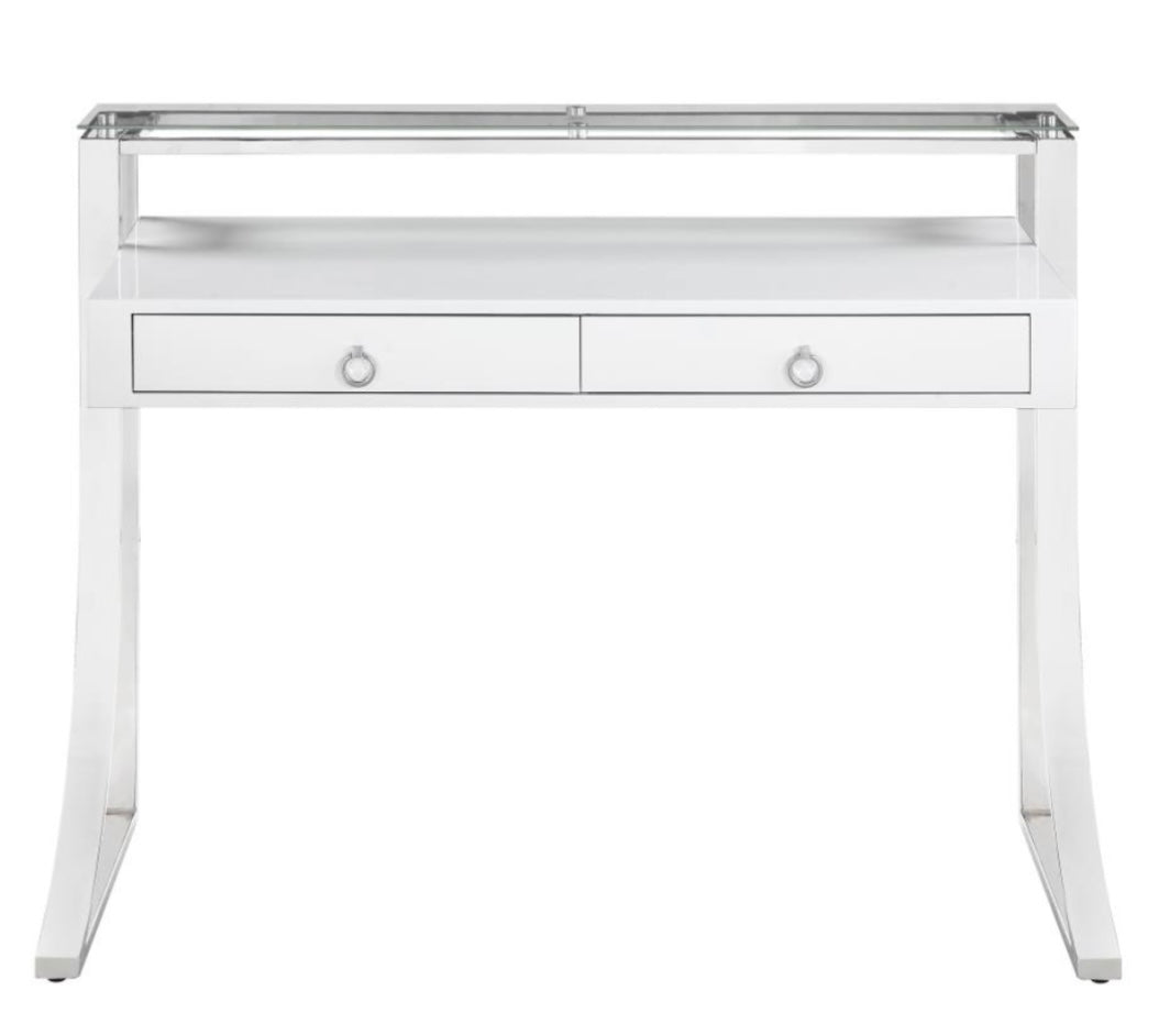 Gemma 2-drawer Writing Desk Glossy White and Chrome 802141