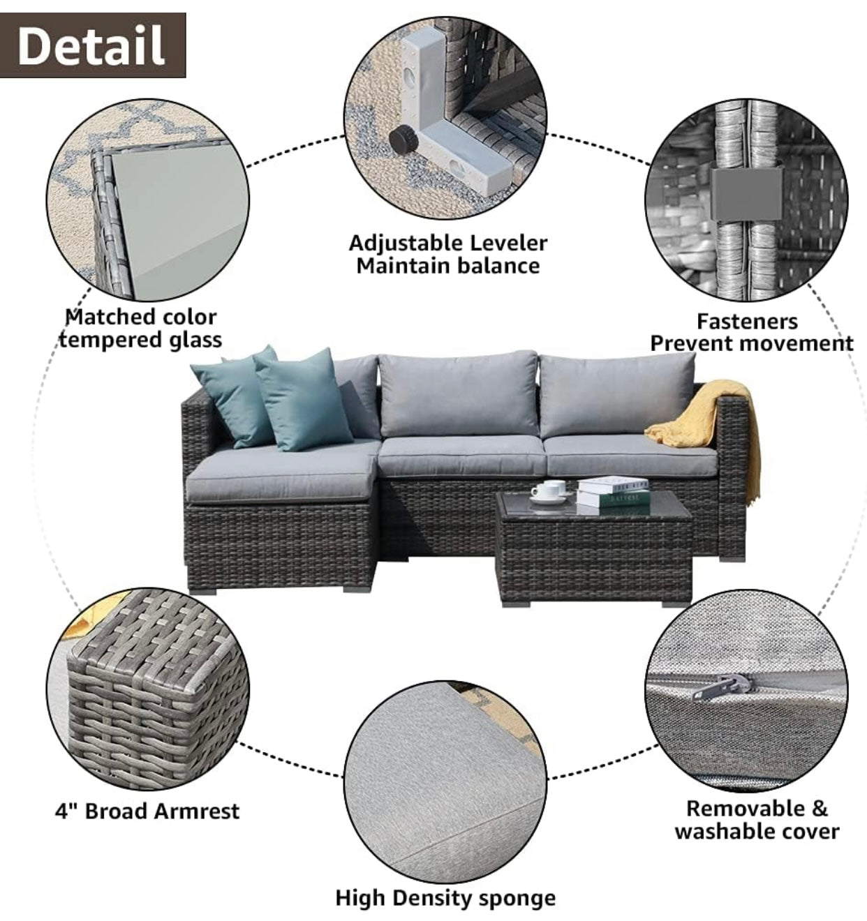 5 PCS Gray/Gray Patio Sectional Sofa With Coffee Table