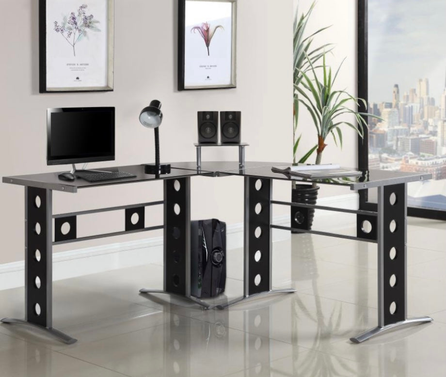 Keizer 3-piece L-shape Office Desk Set Black and Silver 800228