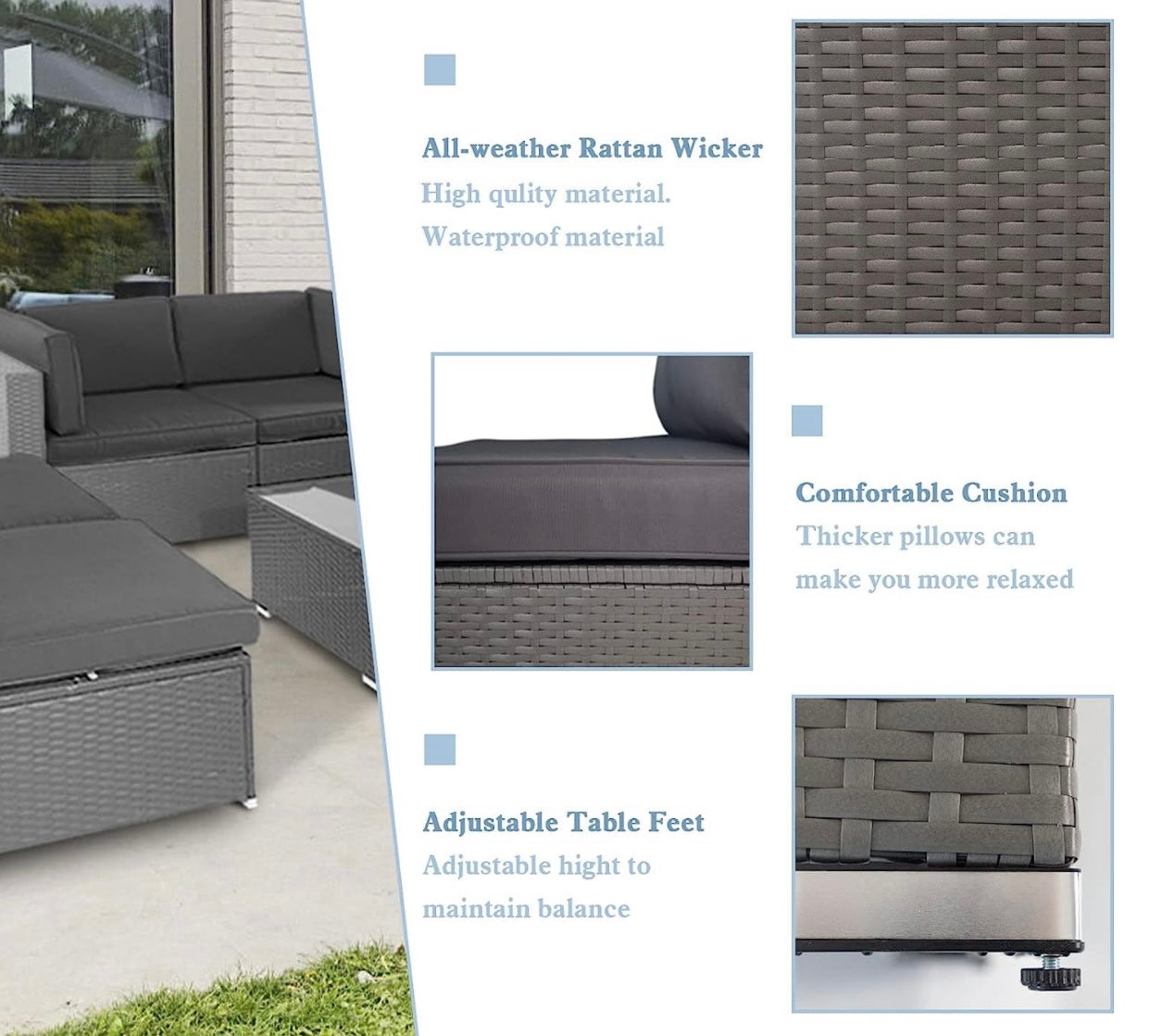 7 PCS Gray/Gray Patio Sectional Sofa With Coffee Table