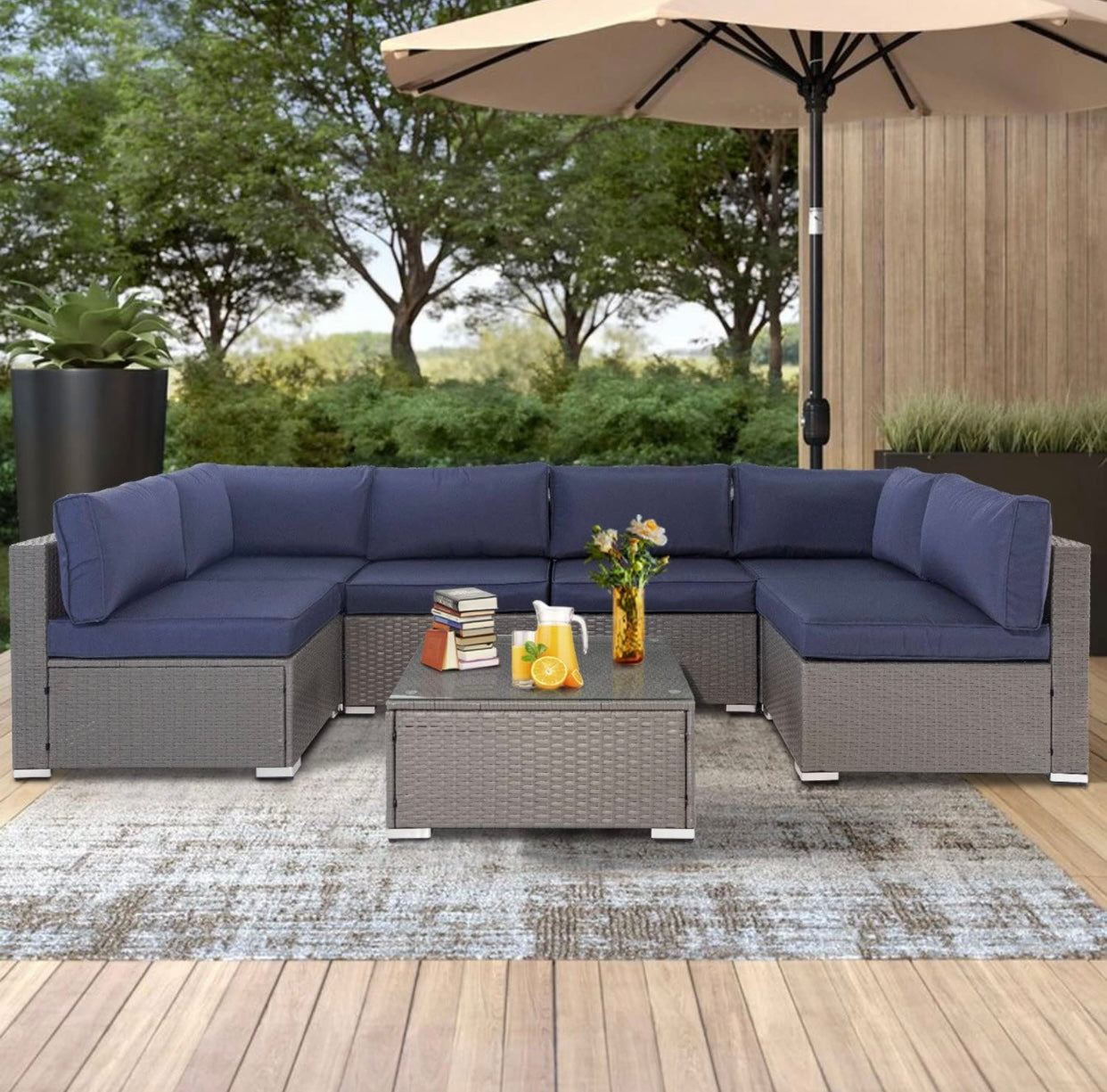 7 PCS Gray/Dark Blue Patio Sectional Sofa With Coffee Table