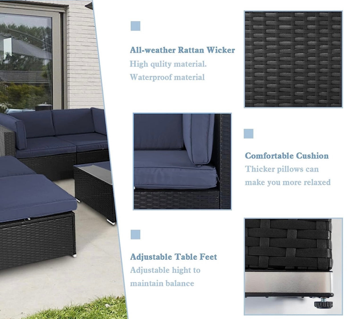 7 PCS Black/Dark Blue Patio Sectional Sofa With Coffee Table