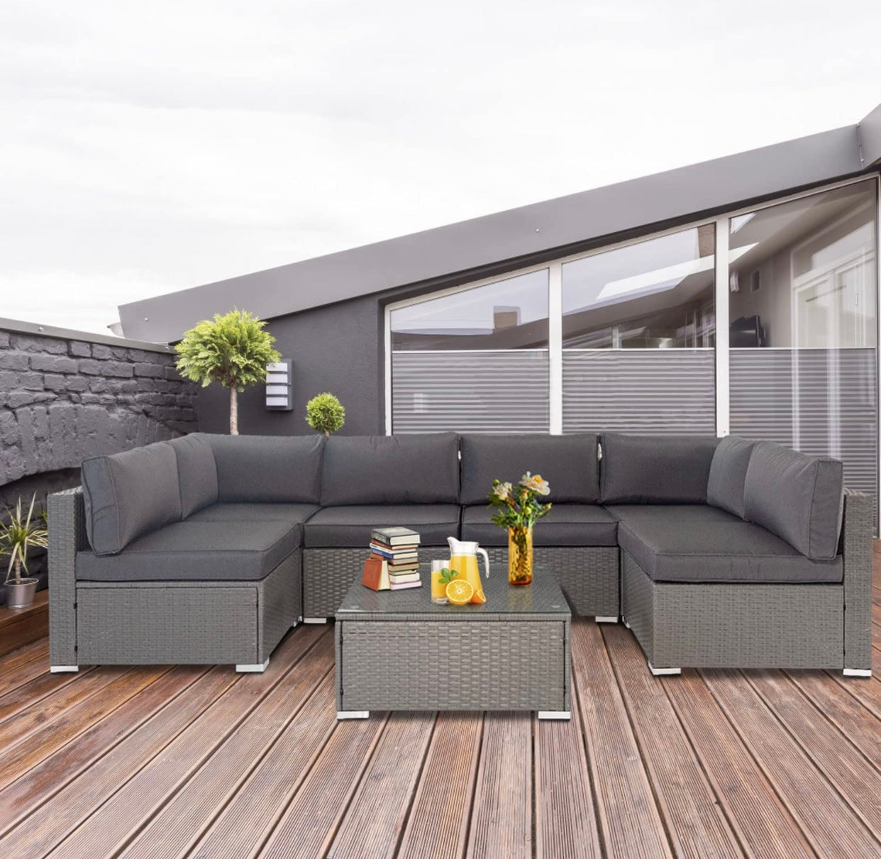 7 PCS Gray/Gray Patio Sectional Sofa With Coffee Table