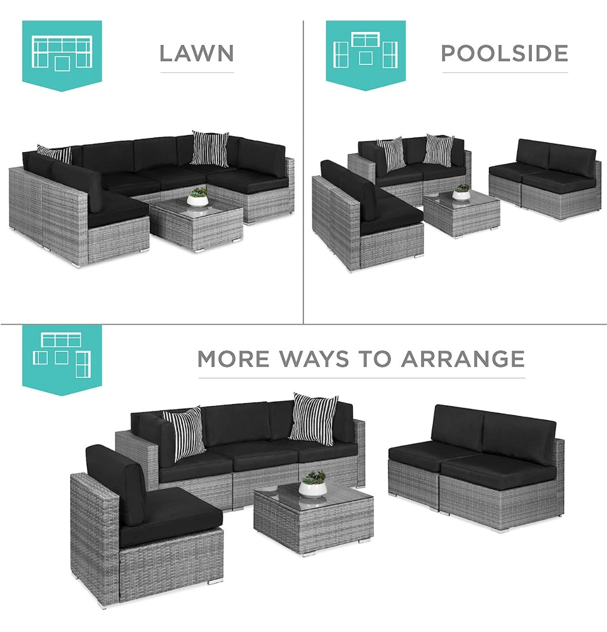 7 PCS Gray/Black Patio Sectional Sofa With Coffee Table