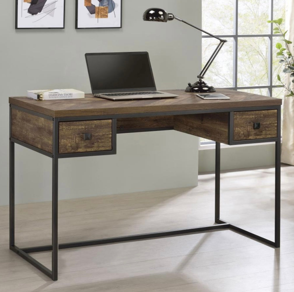 Millbrook 2-drawer Writing Desk Rustic Oak Herringbone and Gunmetal 882021