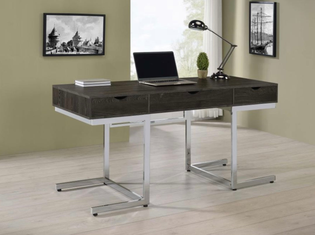 Noorvik 3-drawer Writing Desk Dark Oak and Chrome 881571