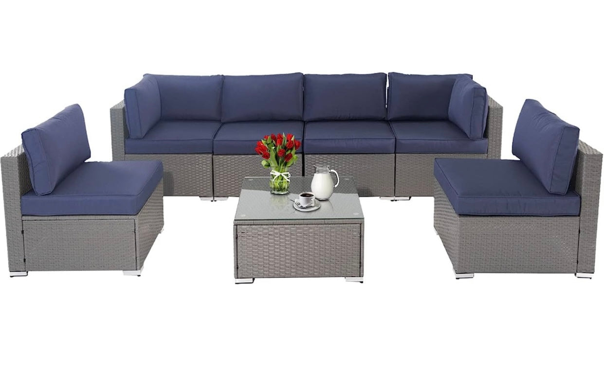 7 PCS Gray/Dark Blue Patio Sectional Sofa With Coffee Table