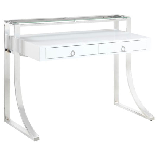 Gemma 2-drawer Writing Desk Glossy White and Chrome 802141