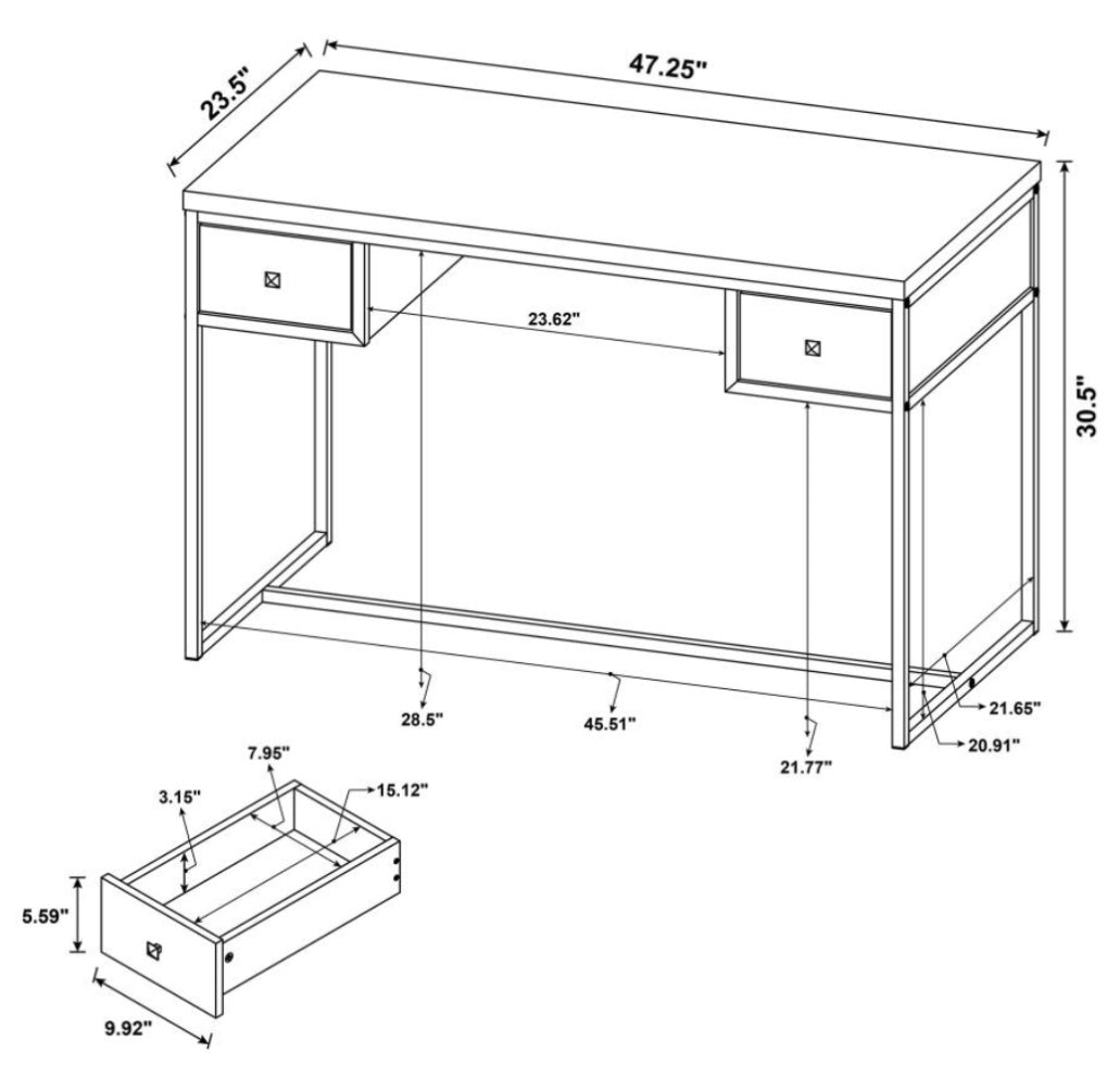 Millbrook 2-drawer Writing Desk Rustic Oak Herringbone and Gunmetal 882021