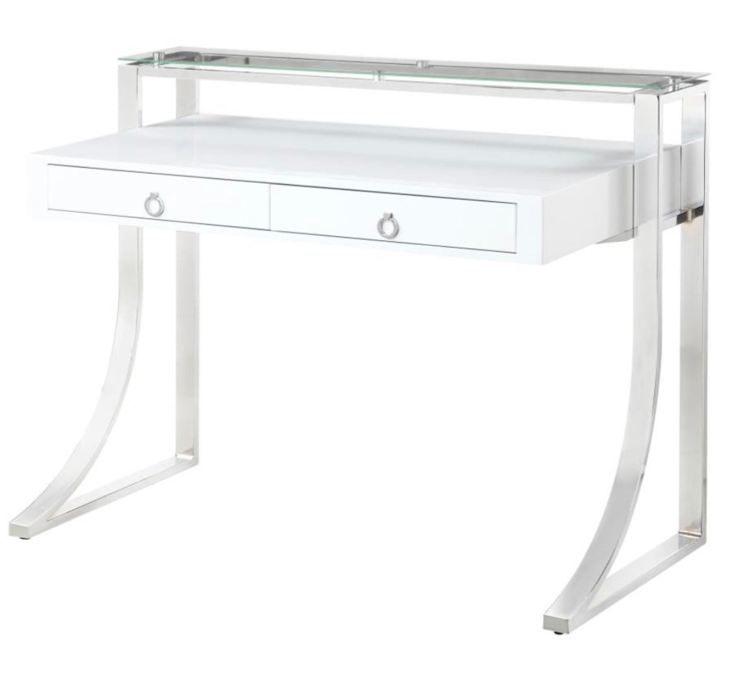 Gemma 2-drawer Writing Desk Glossy White and Chrome 802141