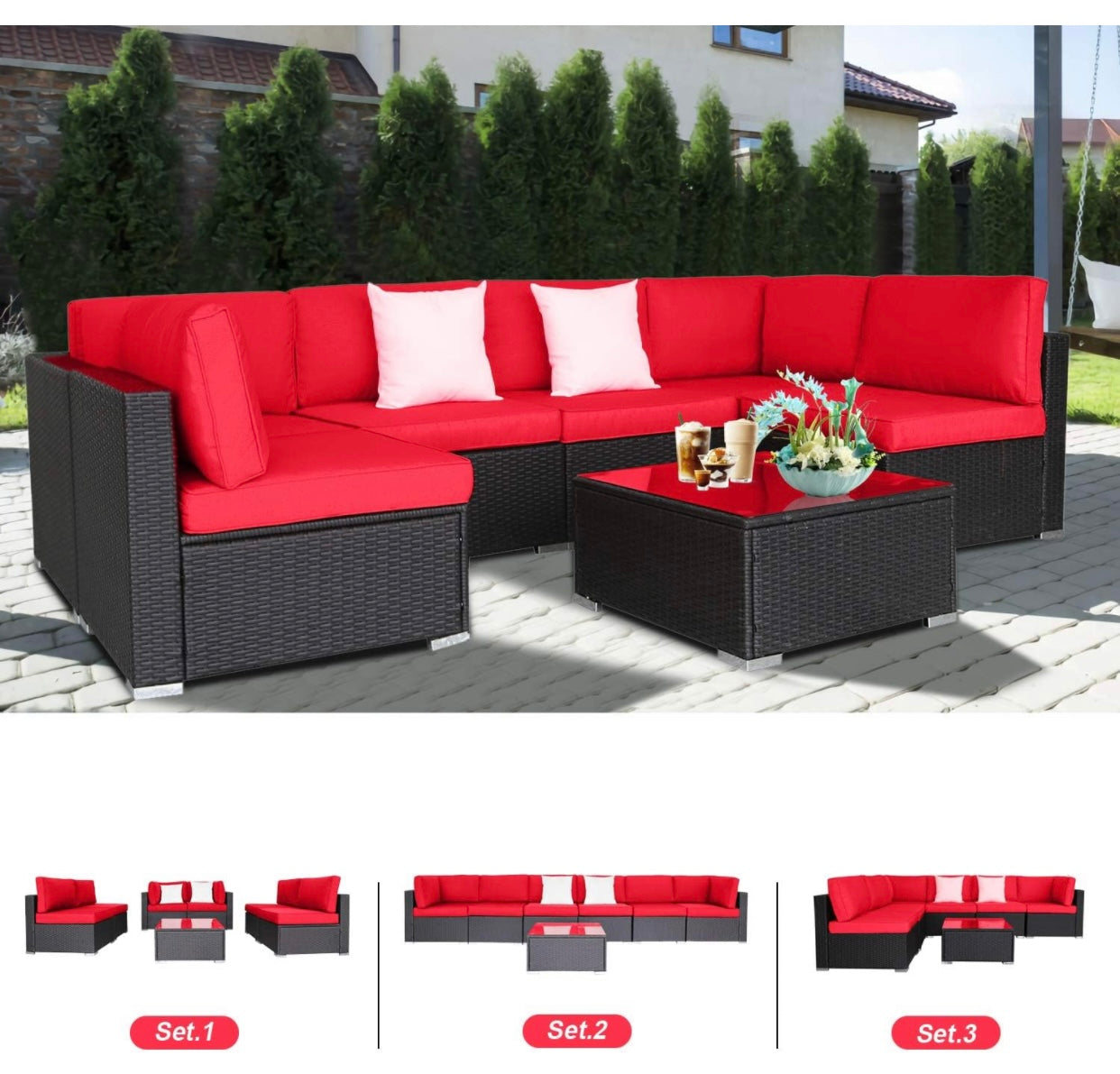 7 PCS Red Patio Sectional Sofa With Coffee Table