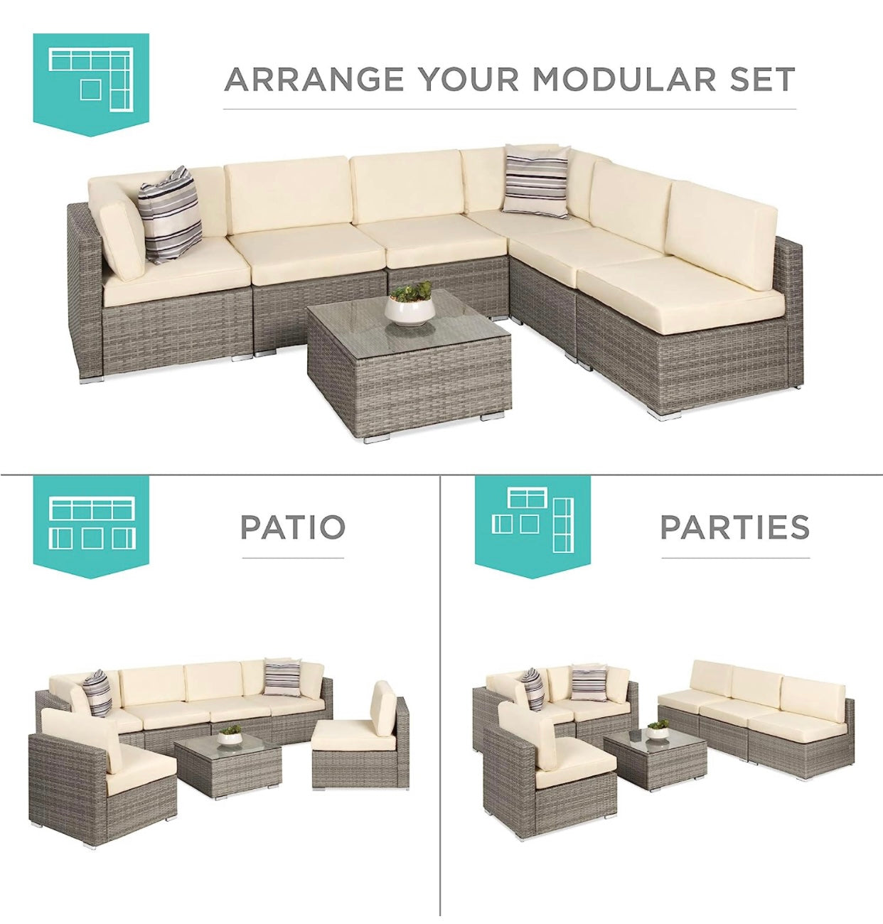 7 PCS Gray/Cream Patio Sectional Sofa With Coffee Table