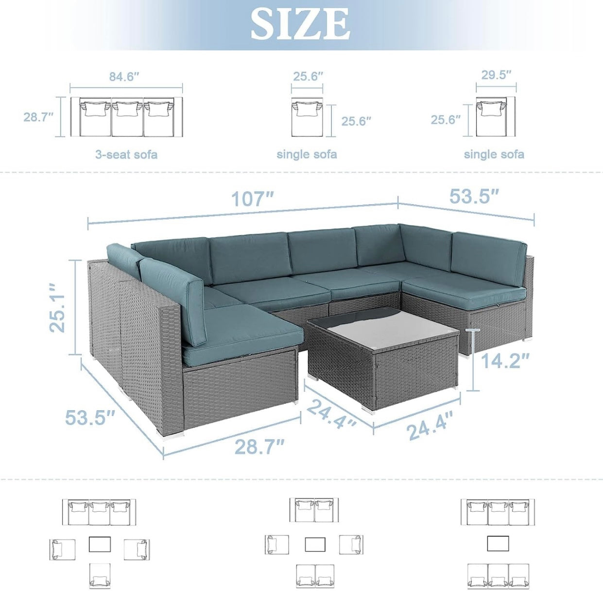 7 PCS Gray/Haze Blue Patio Sectional Sofa With Coffee Table