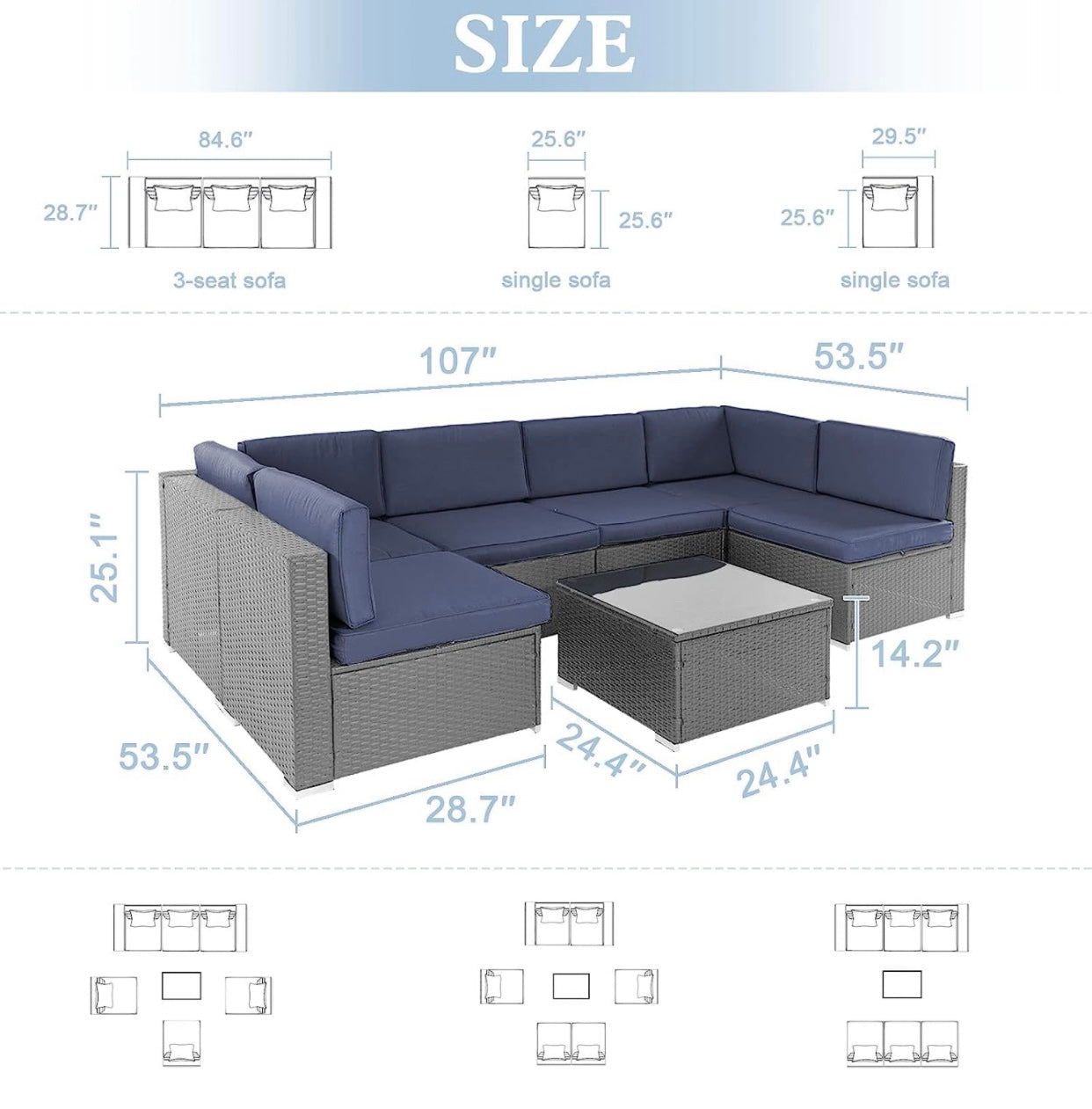 7 PCS Gray/Dark Blue Patio Sectional Sofa With Coffee Table