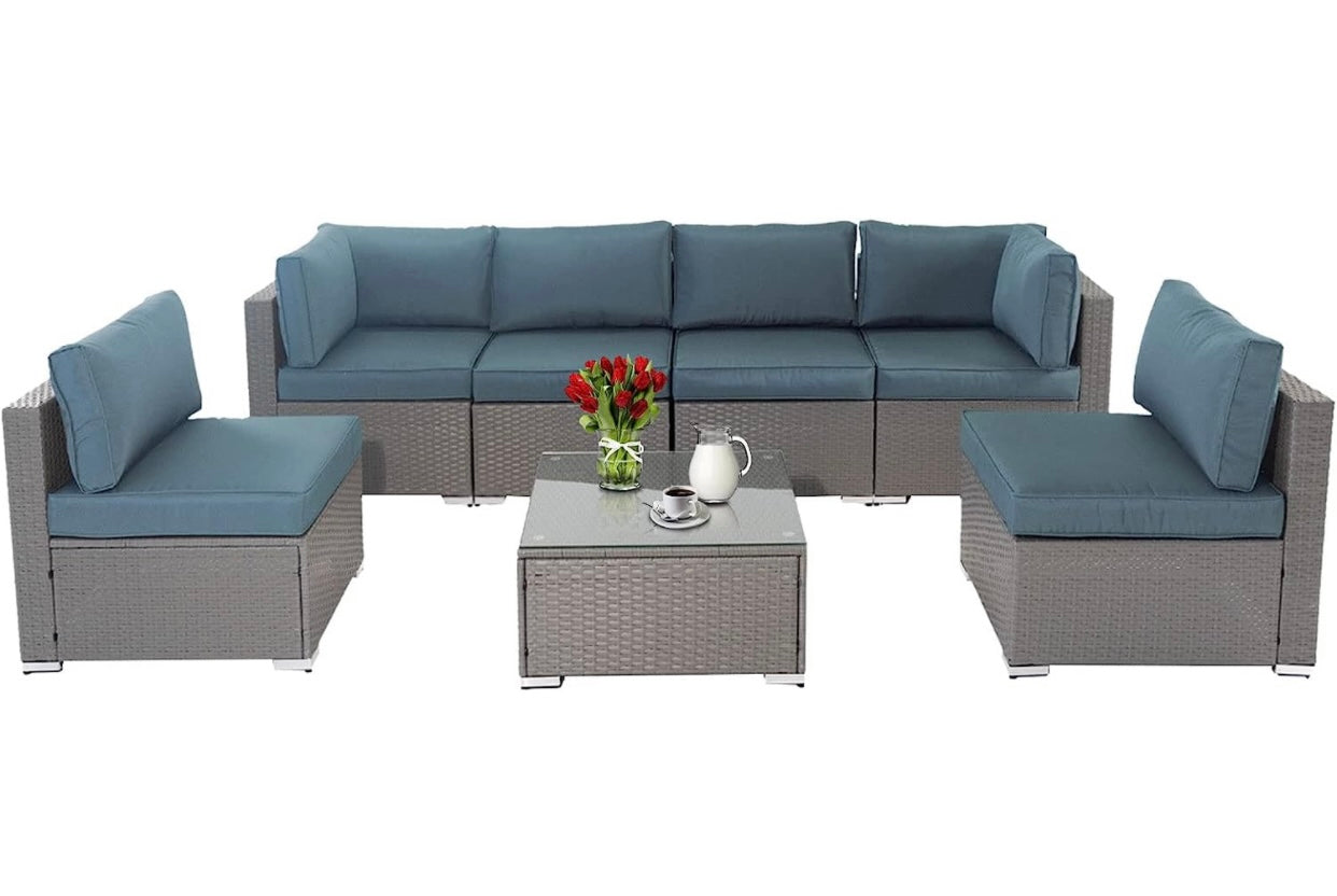 7 PCS Gray/Haze Blue Patio Sectional Sofa With Coffee Table