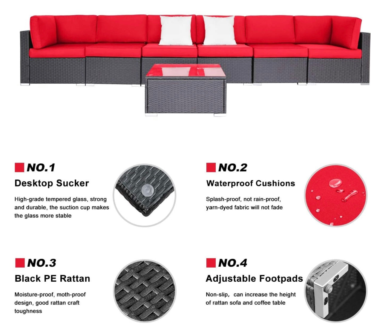 7 PCS Red Patio Sectional Sofa With Coffee Table