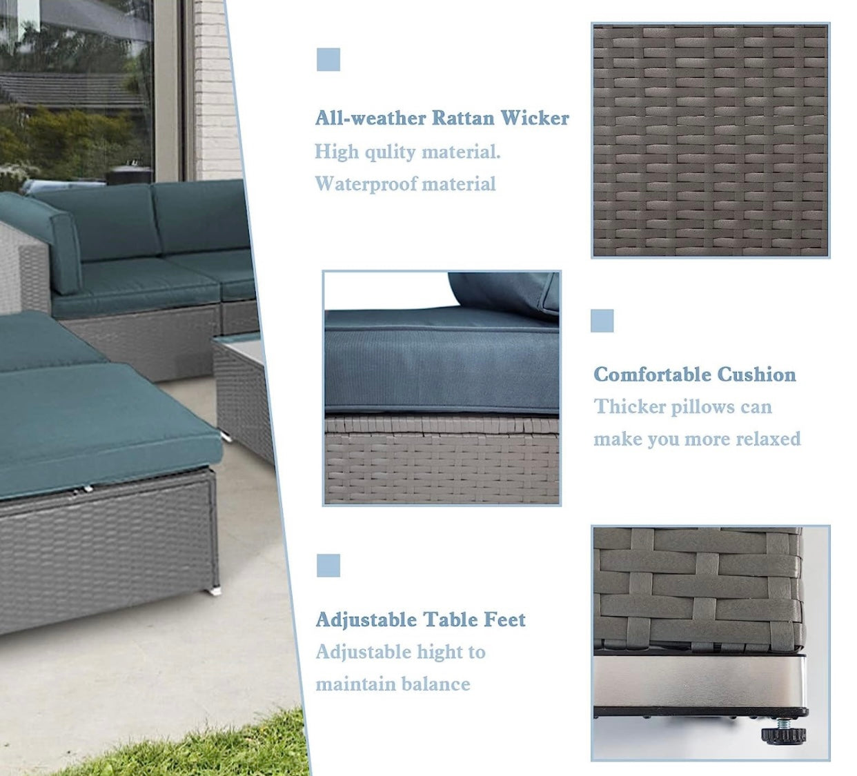 7 PCS Gray/Haze Blue Patio Sectional Sofa With Coffee Table