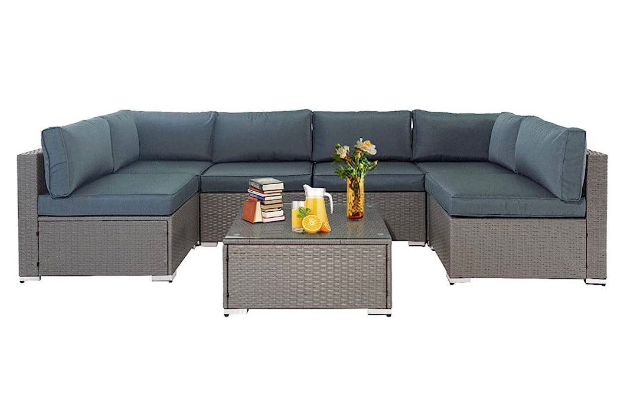 7 PCS Gray/Haze Blue Patio Sectional Sofa With Coffee Table