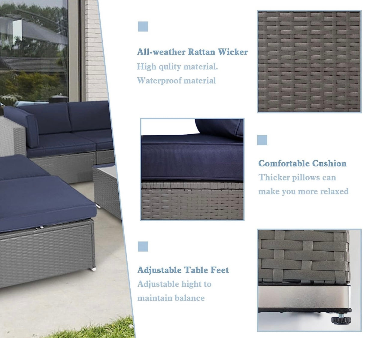 7 PCS Gray/Dark Blue Patio Sectional Sofa With Coffee Table