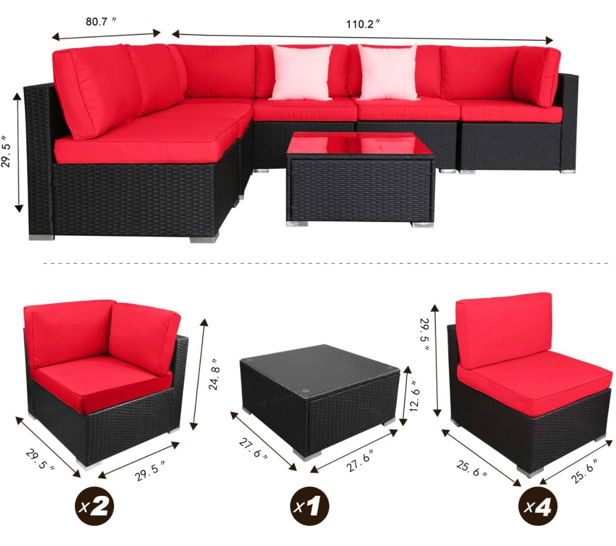 7 PCS Red Patio Sectional Sofa With Coffee Table