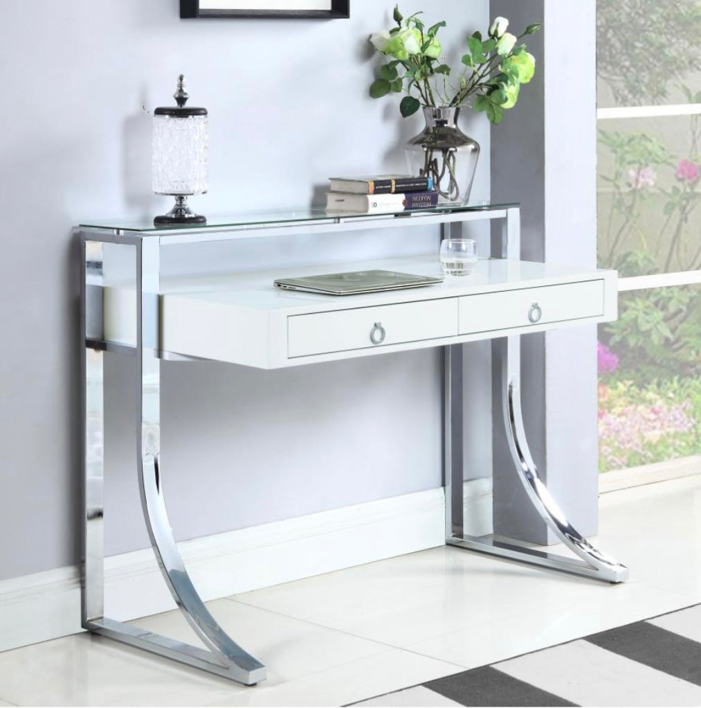 Gemma 2-drawer Writing Desk Glossy White and Chrome 802141