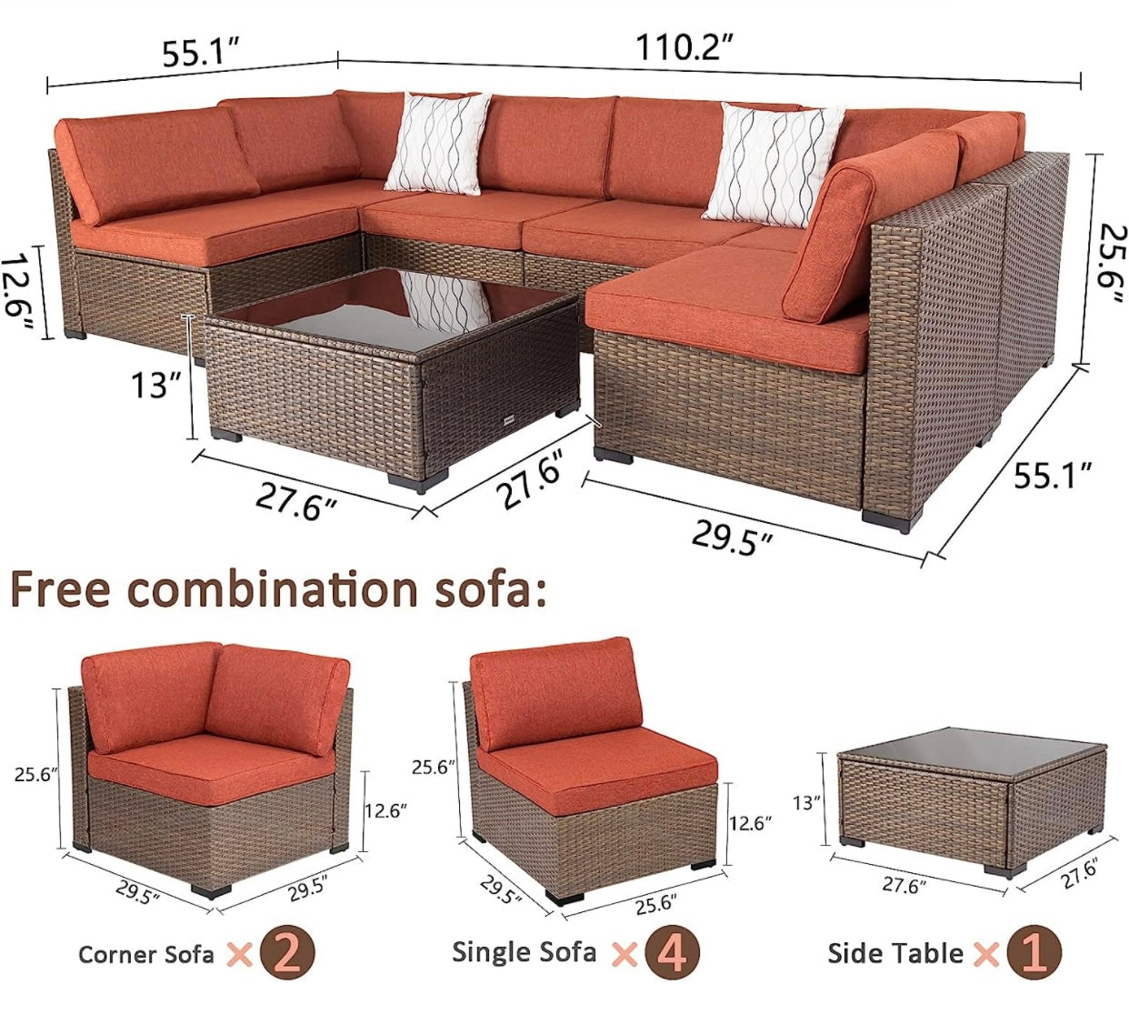 7 PCS Maple Red Patio Sectional Sofa With Coffee Table