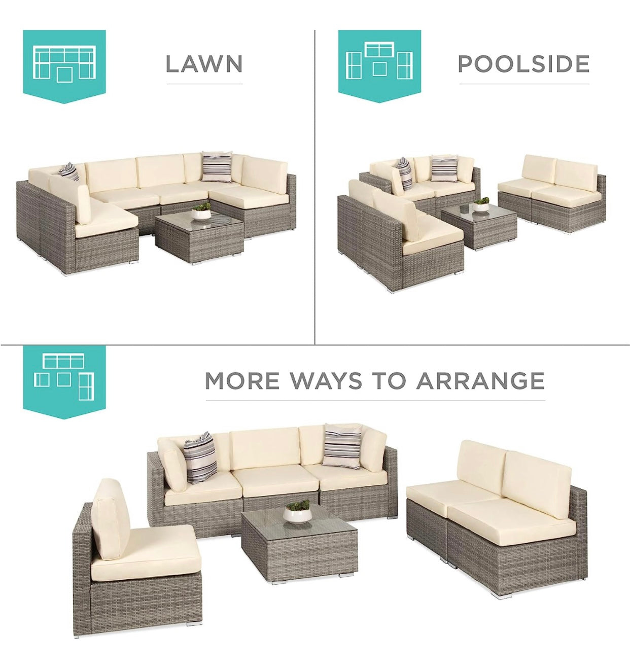 7 PCS Gray/Cream Patio Sectional Sofa With Coffee Table