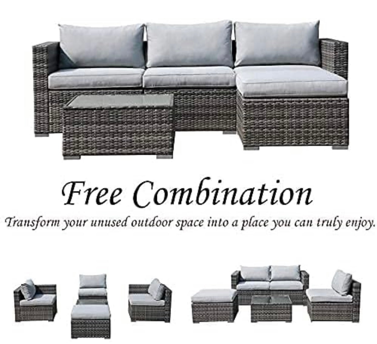 5 PCS Gray/Gray Patio Sectional Sofa With Coffee Table