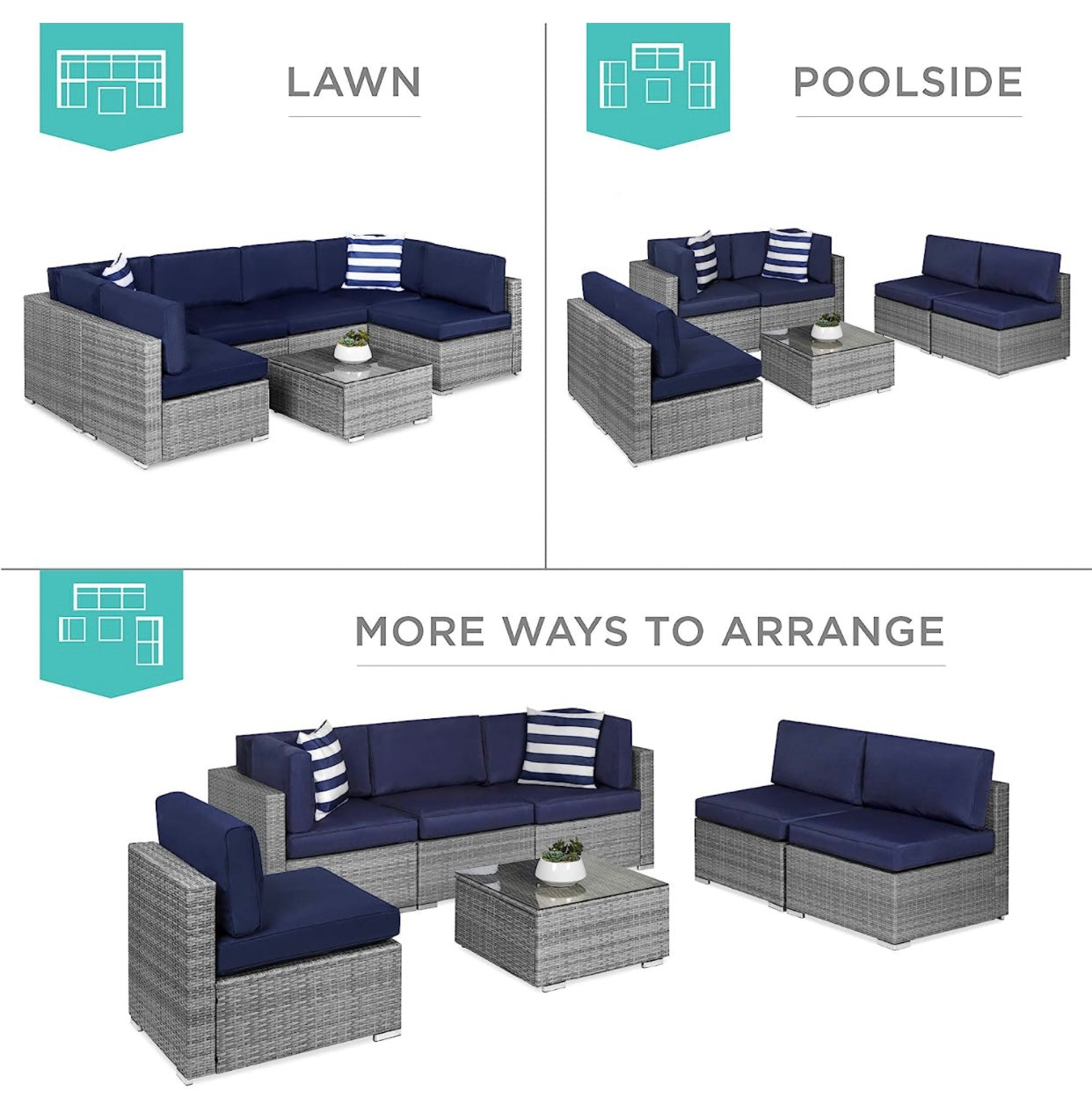 7 PCS Gray/Navy Blue Patio Sectional Sofa With Coffee Table