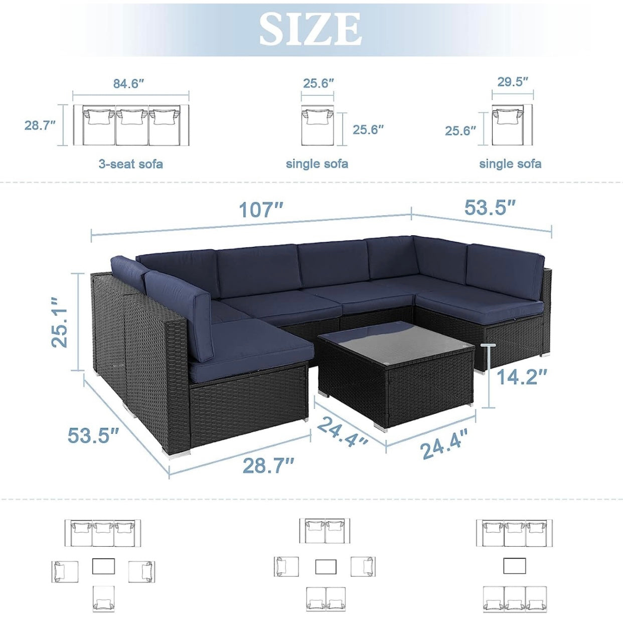 7 PCS Black/Dark Blue Patio Sectional Sofa With Coffee Table