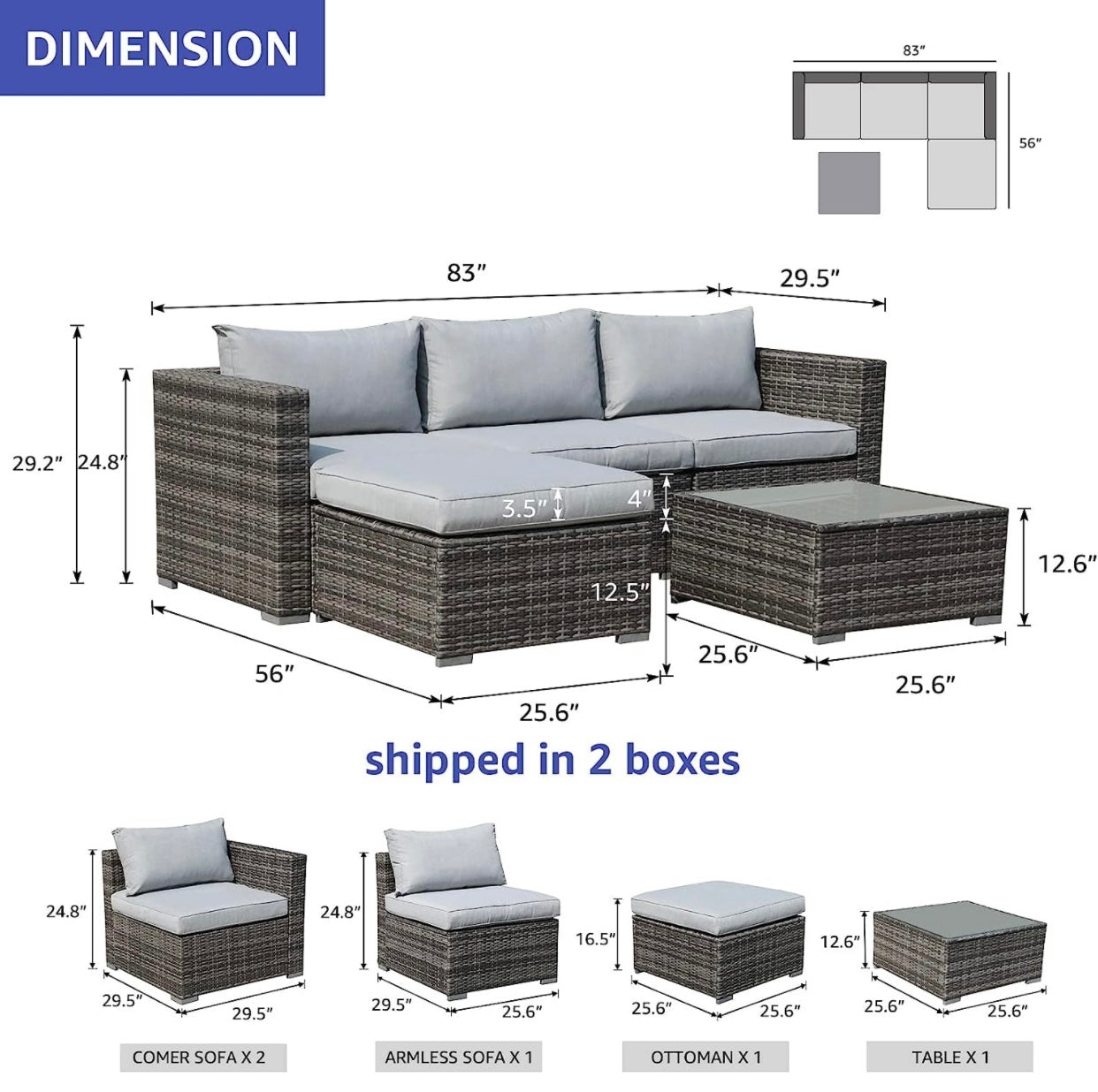 5 PCS Gray/Gray Patio Sectional Sofa With Coffee Table