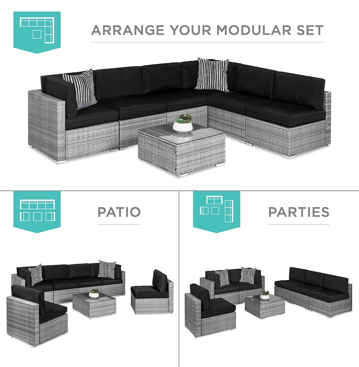 7 PCS Gray/Black Patio Sectional Sofa With Coffee Table