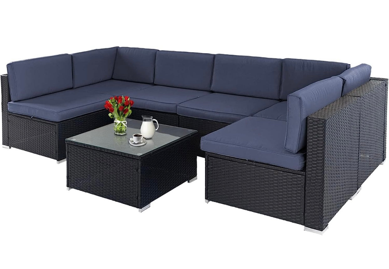 7 PCS Black/Dark Blue Patio Sectional Sofa With Coffee Table