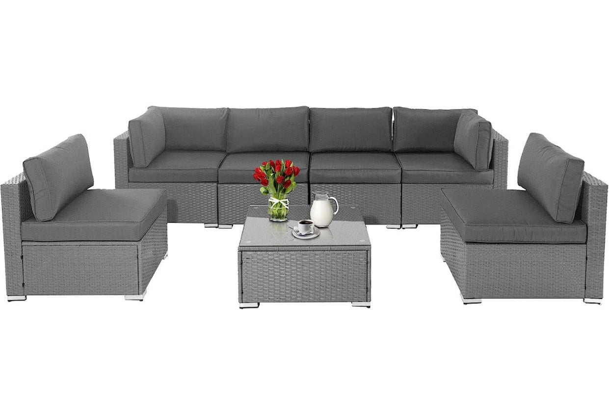 7 PCS Gray/Gray Patio Sectional Sofa With Coffee Table