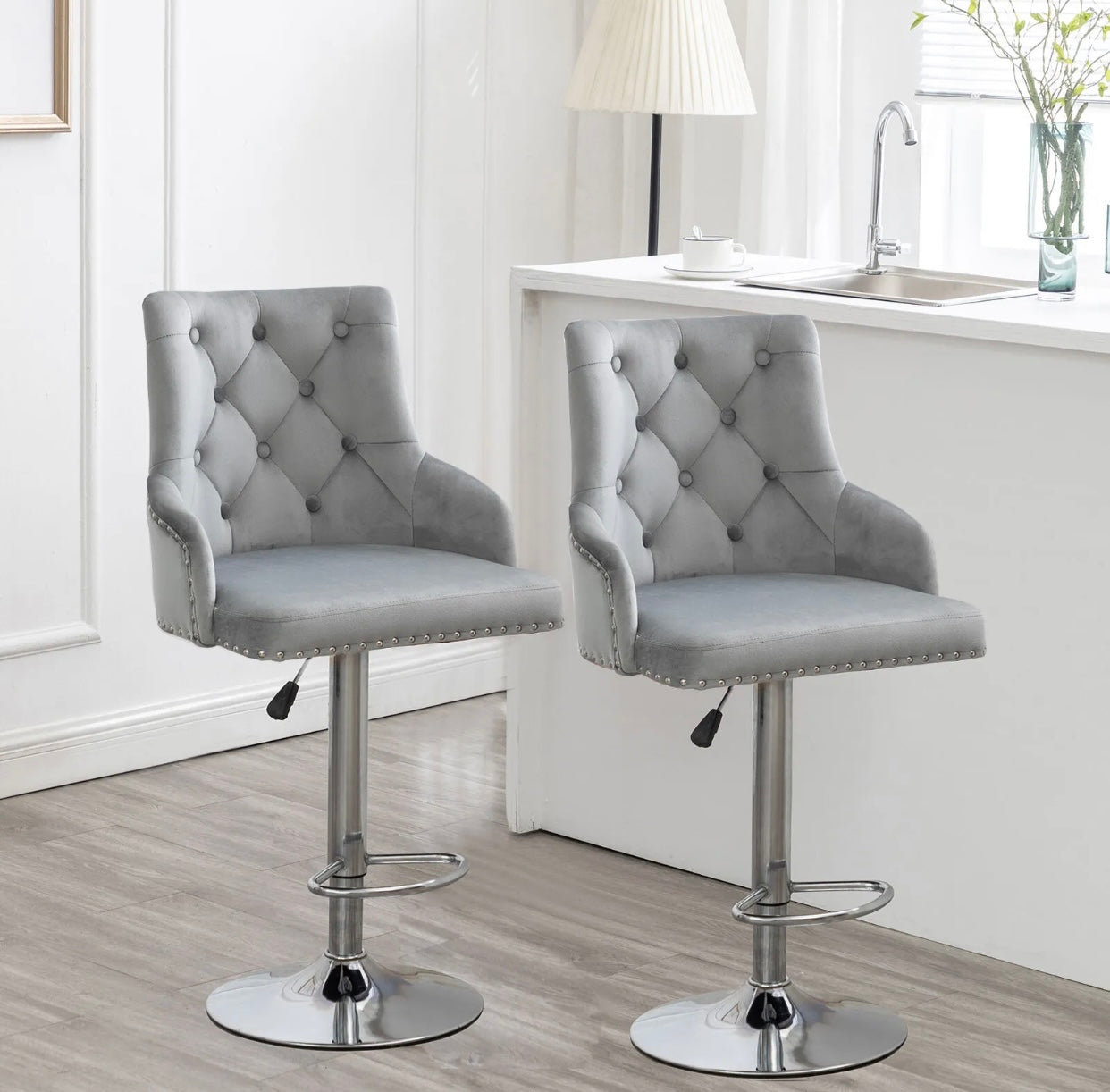 2 Velvet Gray Bar Stools