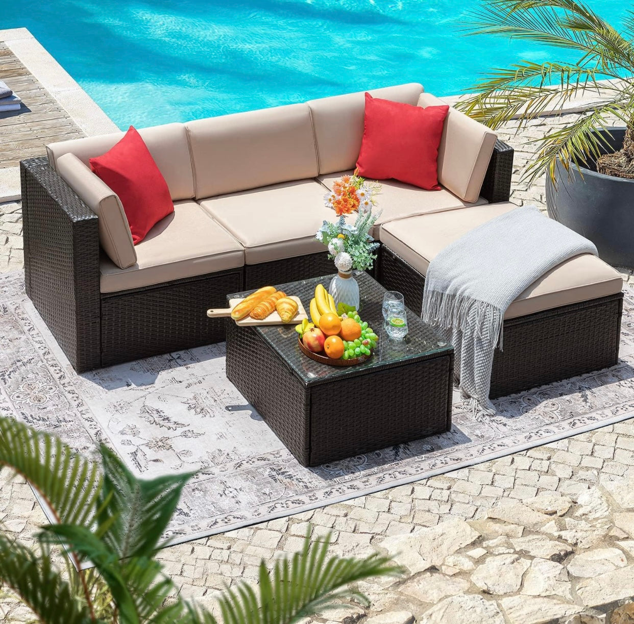 5 PCS Brown/Beige Patio Sectional Sofa With Coffee Table