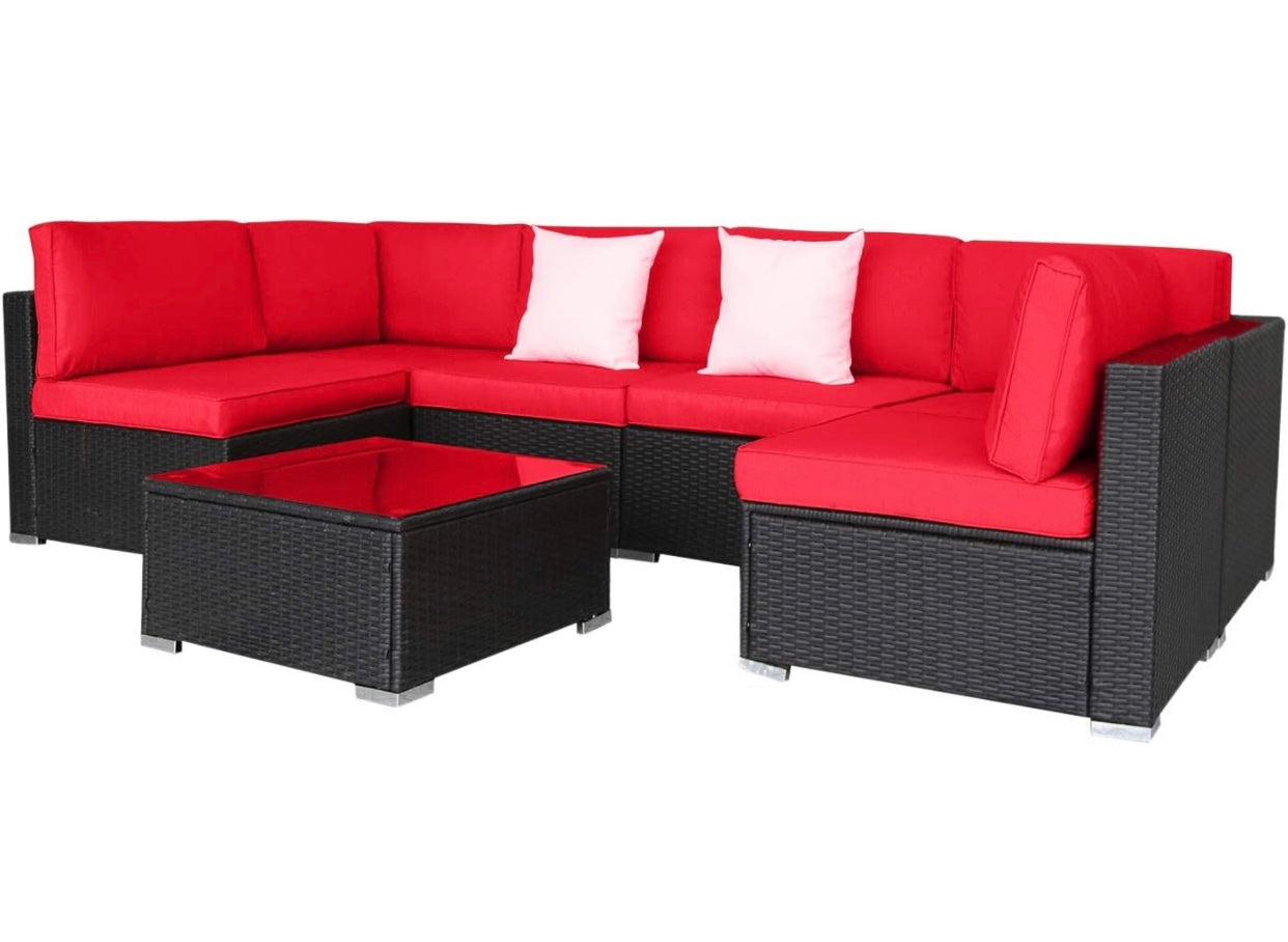 7 PCS Red Patio Sectional Sofa With Coffee Table