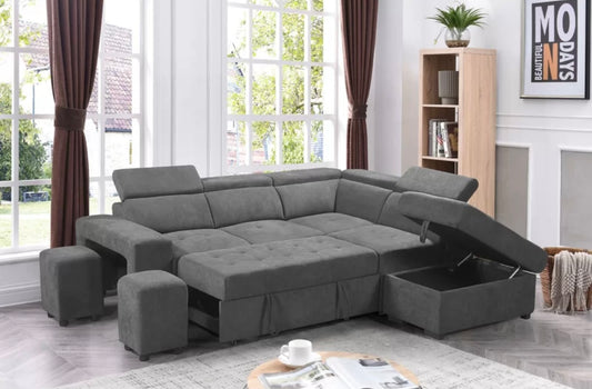 Henrik Light Gray Sleeper Sectional w/ Storage and Stools 89135