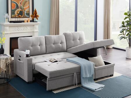 Reversible Mabel Light Gray Linen Fabric Sleeper Sectional  81512