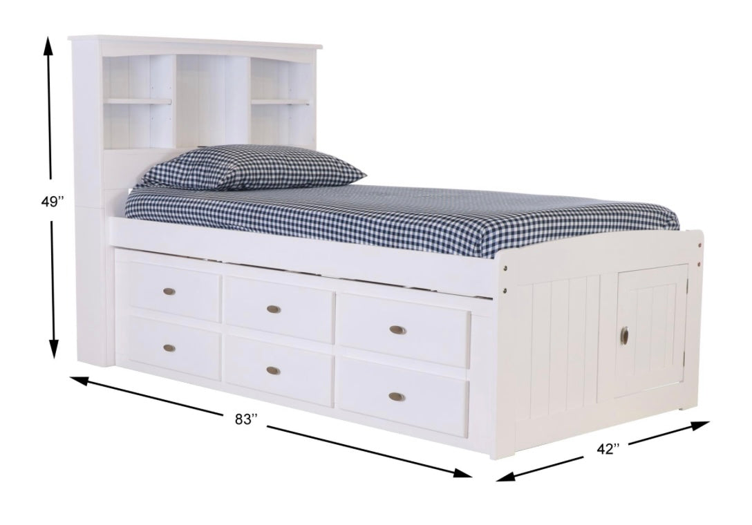 Twin Bookcase Captain's Bed White w/ 12 Drawers (Brushed Nickel Handles) 0220-K12