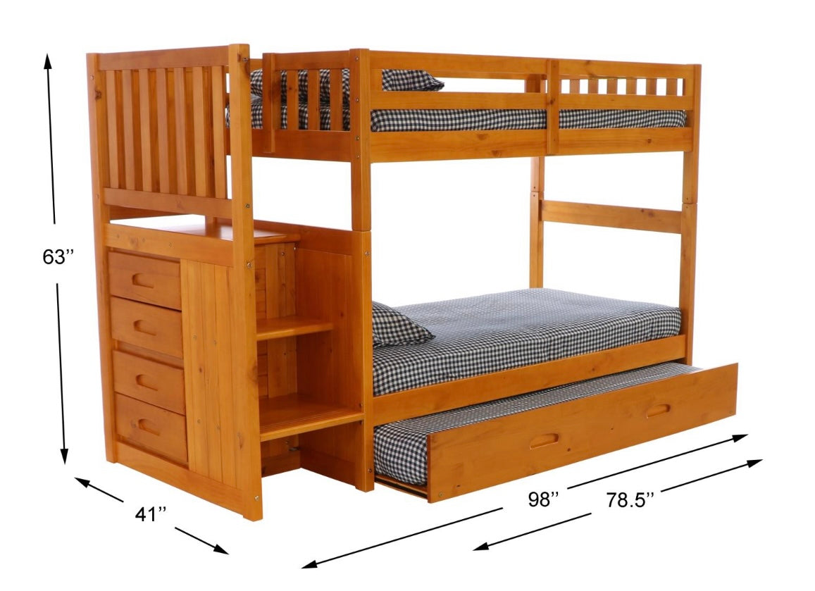 Twin/Twin Staircase Bunk Bed with Trundle Honey 2114-T/T-TRUND