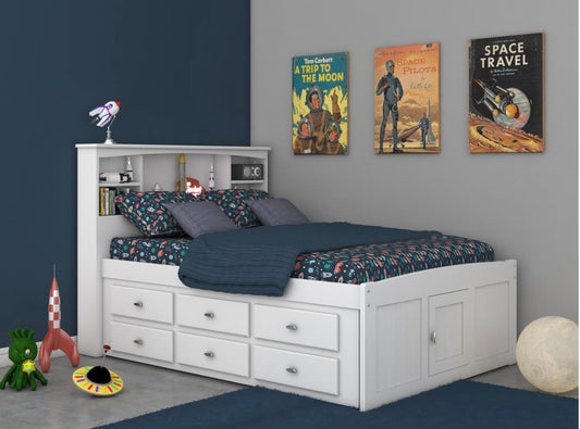 Full Bookcase Captain's Bed White w/ 12 Drawers 0221-K12