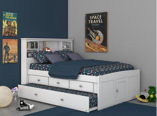 Full Bookcase Captain's Bed White w/ 3 Drawers & Trundle (Brushed Nickel Handles) 0221-K3-R