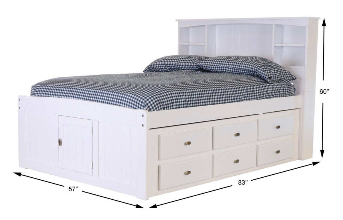 Full Bookcase Captain's Bed White w/ 6 Drawers  0221-K6